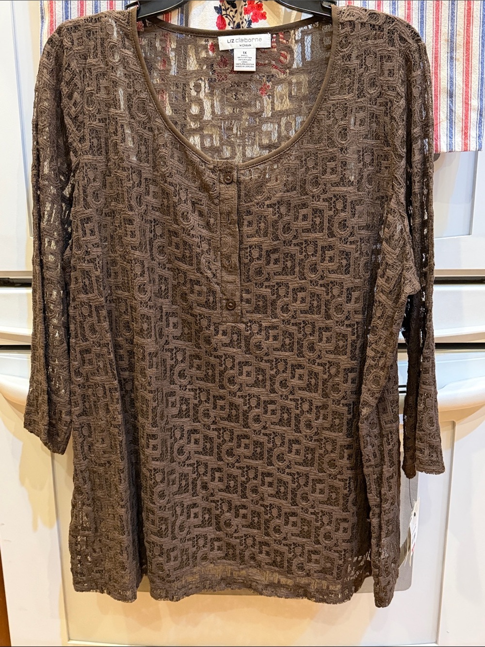 Liz Claiborne Brown Crochet Lace Henley Tunic